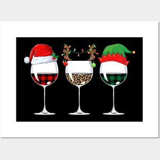 Buffalo Plaid Leopard Wine Glasses Santa Elf Reindeer Christmas Posters and Art